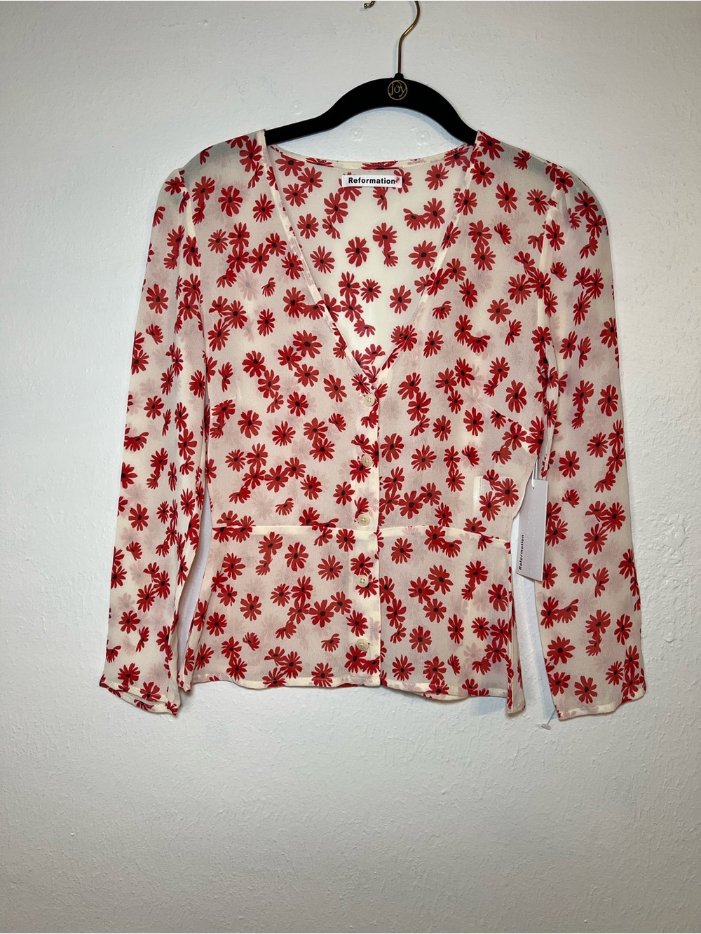 Reformation Jemma Top Daisy Days size 2 Cream Blouse with Red Daisy Print